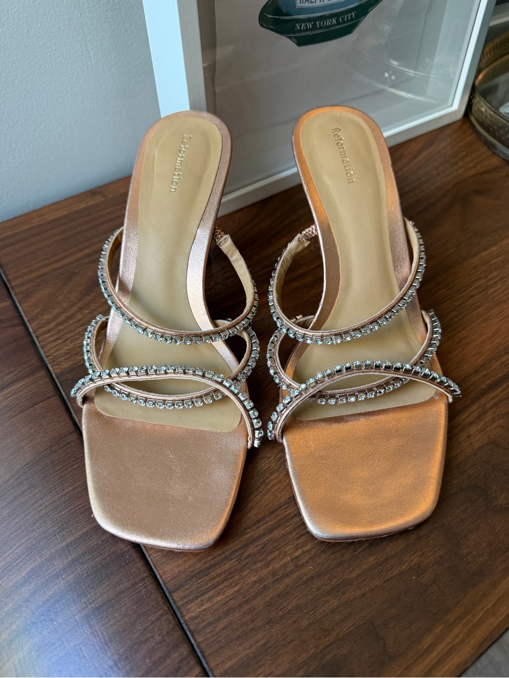 Reformation Rose Gold Crystal-Embellished Strappy Slide Heels - size 7
